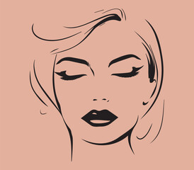 female face silhouette drawn in minimalist style,isolated on pink background,line drawing,eps,wall art