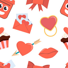 valentines day elements pattern. cartoon romantic love 14 February party celebration, hearts lips love sweets letters envelope ring gift boxes. vector cartoon minimalistic flat seamless pattern