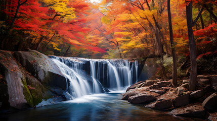 Long Exposure Waterfall, Fall Trees