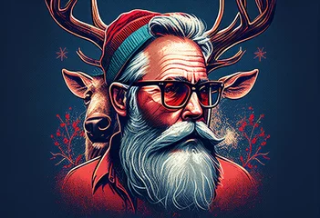 Gordijnen Santa Claus is a hipster with reindeer antlers. AI Generated ©  iiulia