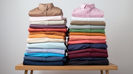 neatly folded clothes, assorted colored shirts, sweaters, and pants, on a table against a crisp white wall background, a close up shot with ample copy space.