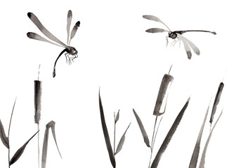 Beautiful black and white hand painted dragonflies design.Calmness and mindfulness concept design. Eastern culture illustration.Hand painted ink background.