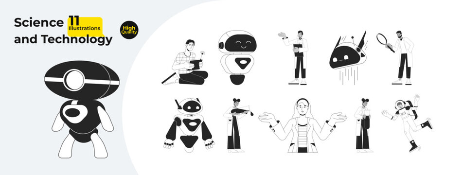 Robots and researchers lab coats black and white cartoon flat illustration bundle. Lab scientists, engineer, spaceman diverse 2D lineart characters isolated. Monochrome vector outline image collection