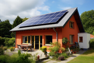 Environmentally Friendly Abode: A solar-powered house at dusk