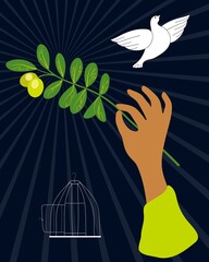 a hand holding a green olive branch and a flying white dove on a dark blue background. a hand-drawn drawing. color poster. bright collage.