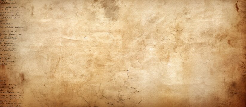 The vintage background of the old parchment paper created a beautifully textured and abstract surface enhanced by the light and grunge elements reminiscent of a medieval stationery card or w