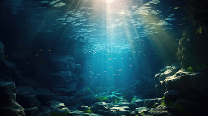 Fototapeta na wymiar Beautiful underwater scene with sun rays shining from the surface and fish swimming between the rocks.