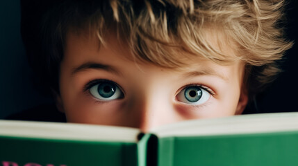 Cute kindergarten boy peeping from behind an open book. Reading learning homeschooling home...