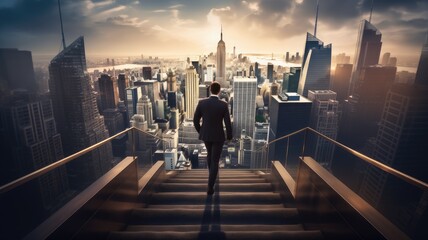 Fototapeta na wymiar a professional in a sharp suit, carrying a briefcase, ascending the steps toward towering skyscrapers, the ambition and determination associated with corporate success.