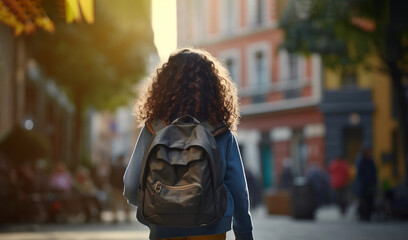 Back View of Girl with School Bag, Backpack Going Home From School Alone in City, Street. Student with Curly Hair Wears Denim. Education, Adolescence. Horizontal Plane. AI Generated  - obrazy, fototapety, plakaty
