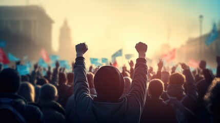 Close-up of a person raising their fists and a blurred crowd out of focus standing at a protest , public demonstration or rally. - obrazy, fototapety, plakaty