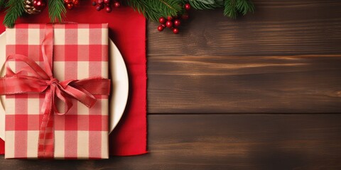 Christmas Dinner Table Setting. Xmas Dinner Background, Festive Rustic Restaurant Decoration