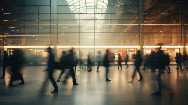 Long exposure view of blurred people in motion walking inside a big train or metro station building with glass windows. Routine and daily life representation.