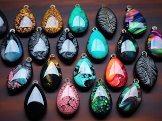 Different Pendants of Pink, Blue and Green Color on Black Stone Background, Bijouterie