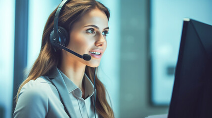 Young woman customer support operator with headset sitting at the desk in front of a monitor talking messaging with client. Online global technical support technology business concept - obrazy, fototapety, plakaty