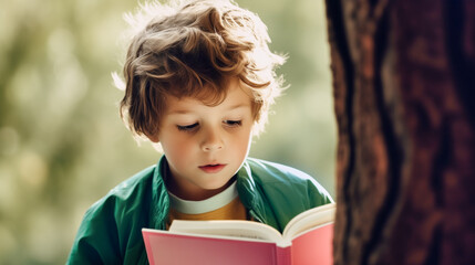 Cute kindergarten boy reading a book in open air. Reading learning homeschooling home education illiteracy campaign banner - obrazy, fototapety, plakaty