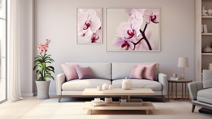 orchids in a modern, minimalist interior, ample space for text, encouraging viewers to consider the idea, Decorate your home with orchids.