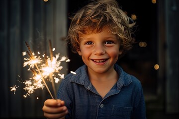happy young boy holding sparker in hand  at night time, happy celebration moment, joyful happiness, Generative Ai