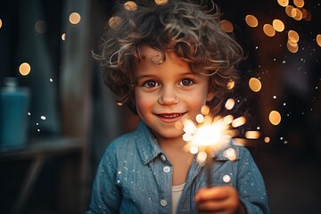 happy young boy holding sparker in hand  at night time, happy celebration moment, joyful happiness, Generative Ai