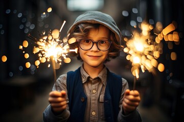 happy young boy holding sparker in hand  at night time, happy celebration moment, joyful happiness, Generative Ai