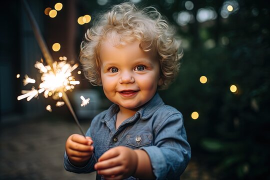 happy young boy holding sparker in hand  at night time, happy celebration moment, joyful happiness, Generative Ai - Powered by Adobe