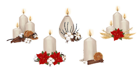 Watercolor set of burning christmas candels compositions with poinsettia, cotton flowers and cinnamon
