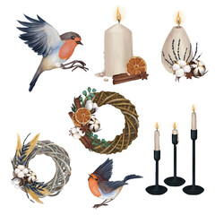 Watercolor Christmas set with different objects. Candles, Robin bird, cotton flowers, wreath, cinnamon, dried oranges