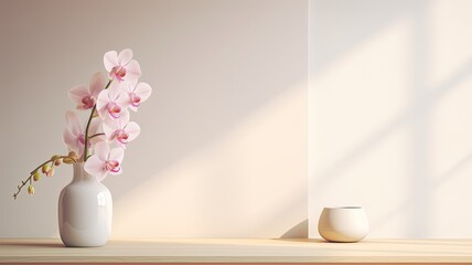 Fototapeta na wymiar orchids in a modern, minimalist interior, ample space for text, encouraging viewers to consider the idea, Decorate your home with orchids.