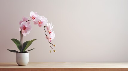 orchids in a modern, minimalist interior, ample space for text, encouraging viewers to consider the...