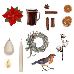 Watercolor Christmas set with different objects. Candles, Robin bird, cotton flowers, wreath, cinnamon, dried oranges,poinsettia and mulled wine 