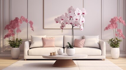 orchids in a modern, minimalist interior, ample space for text, encouraging viewers to consider the idea, Decorate your home with orchids.
