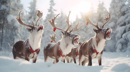 Singing Reindeer in the Snow - obrazy, fototapety, plakaty