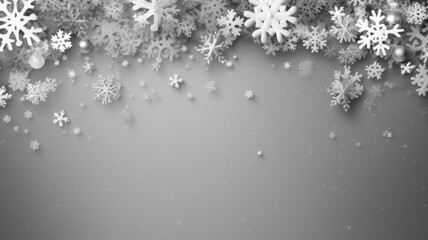 a Christmas composition, featuring a frame made of delicate snowflakes against a cozy gray background, the Christmas, winter, and New Year concept with a flat lay arrangement and top view perspective.