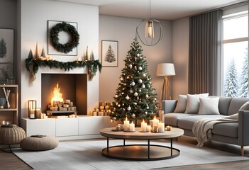 Modern living room Christmas design. Christmas living room. Cozy and Warm Christmas Feeling. Christmas Fireplace. Christmas Interior. Generative AI.	