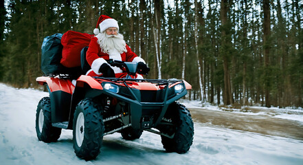 ATV with santa claus, gift boxes in rucksack. Santa Riding An quad bike. Santa Claus on sport racing vehicle wearing red classic costume. Man dressed as Santa Claus riding on nord pole. Generative ai - obrazy, fototapety, plakaty