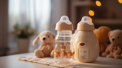 baby bottle, pacifier, milk, baby formula, food, children's room on the background, childhood, newborn, feeding, kid, child, home, comfort, health, birth