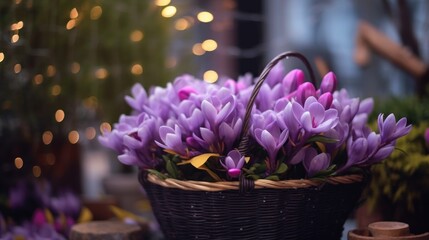 Crocus flowers in a wicker basket on a background of blurred lights. Springtime Concept....