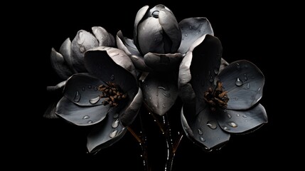 Beautiful black magnolia flowers with water drops isolated on black background. Springtime Concept....