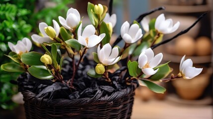 White magnolia flowers in a pot on a wooden table, close-up. Springtime Concept. Valentine's Day...