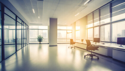Beautiful blurred background of a light modern office interior with huge panoramic windows and beautiful golden hour lighting - 678385340