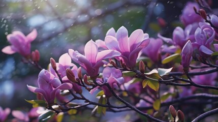 Beautiful pink magnolia flowers on a branch in the garden. Springtime Concept. Valentine's Day...