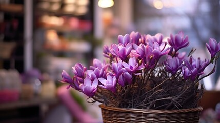 Beautiful purple crocus flowers in a wicker basket in a cafe. Springtime Concept. Valentine's Day...