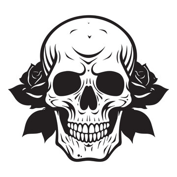 rose and skull tattoo with vector image, print ready, drawing decorated with roses, eps