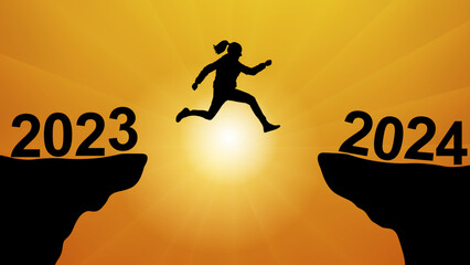 Silhouette of jumping woman over chasm between mountains. Transition from 2023 to 2024, new year. Vector illustration