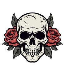 Skull vector design decorated with red roses, for tattoo, print ready, editable, cricut, cut file, clip art