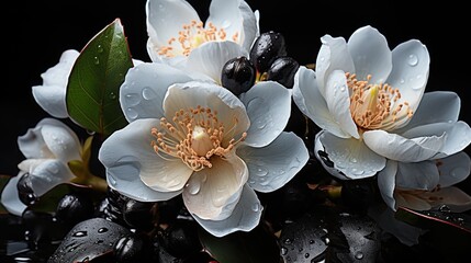 Beautiful white camellia flower with water drops on black background. Springtime Concept....