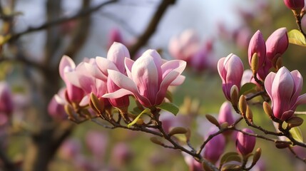 Beautiful magnolia flowers on blurred background, close-up. Springtime Concept. Valentine's Day Concept with a Copy Space. Mother's Day.