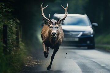 Deer running in front of moving car. - obrazy, fototapety, plakaty