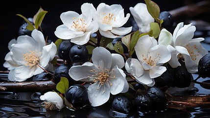 Spa still life with white flowers and black stones on dark background. Springtime Concept....