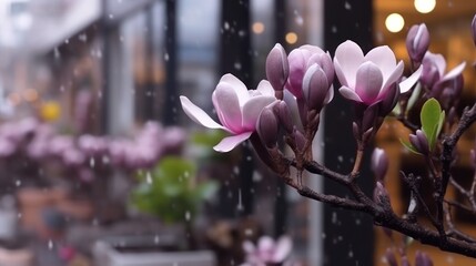 Blossoming magnolia flowers on a branch in the rain. Springtime Concept. Valentine's Day Concept...